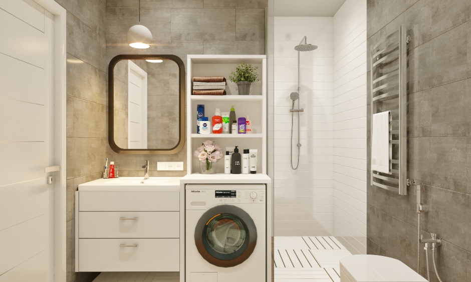 1bhk flat interior design with a vanity unit has drawers, open shelves and a space to fit your laundry unit