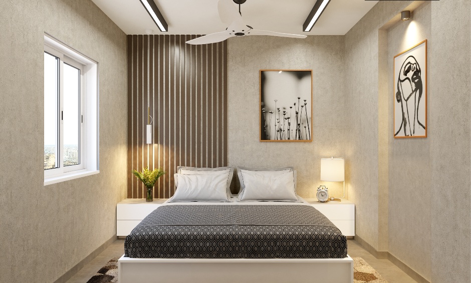 1bhk interior design ideas for bedroom is designed with sandstone wallpaper, a bed and two side tables with storage