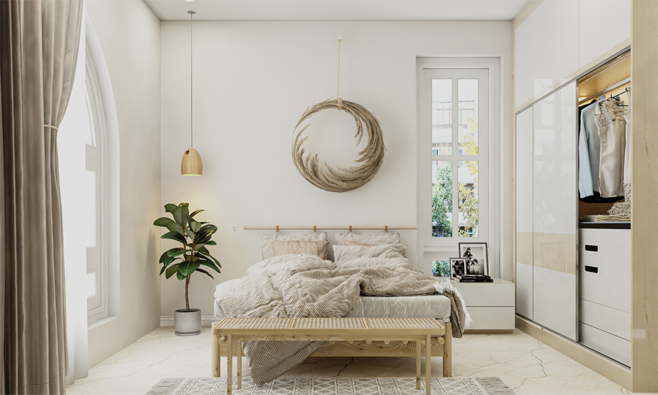 2025 trending bedroom decor with biophilic designs, lush plants, wood finishes, and minimalist elegance.