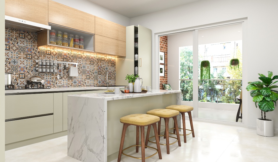 2bhk home interior design with a bucket chair and a cabinet with open shelves and drawers.