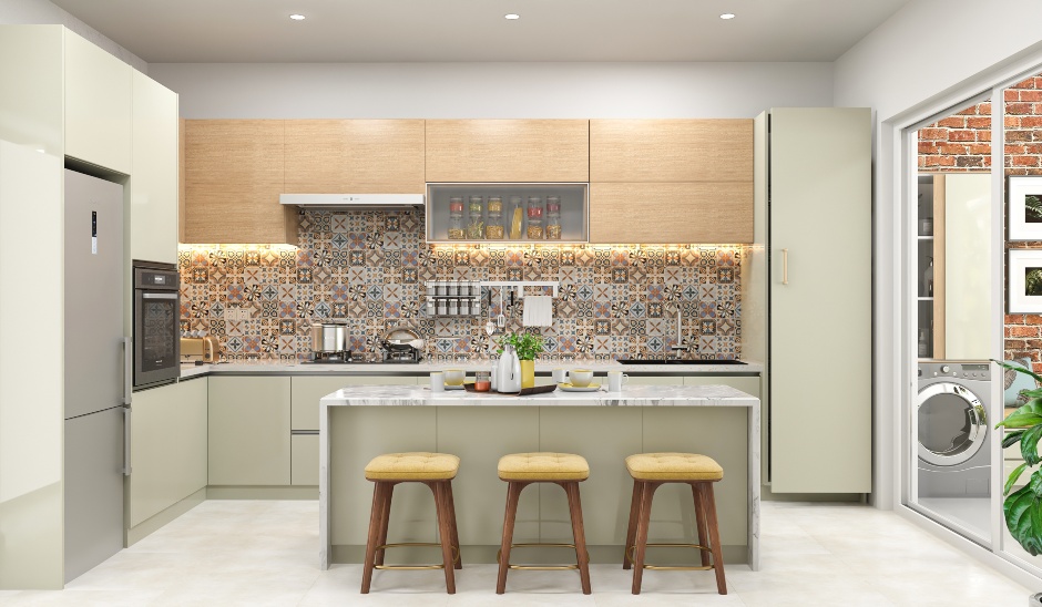 2bhk interior design where the island kitchen is designed in muted colours that makes it look spacious