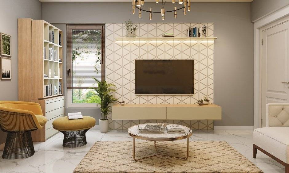 2bhk interior living room with tv unit and bookshelf