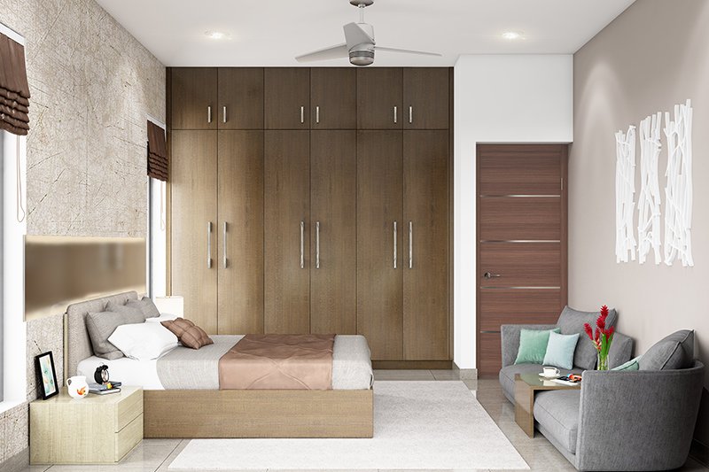 Explore modern bedroom cupboard designs with fine finishes and earthy-colored doors that complement your decor