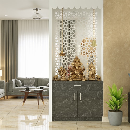 Affordable interior designers in Vizag created a living room with a pooja unit