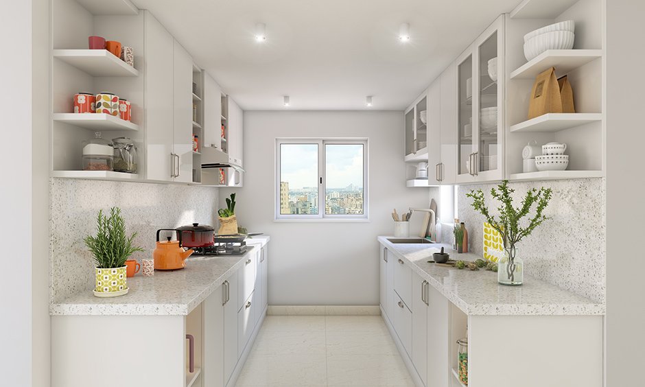 All-white parallel kitchen with quartz countertop appears airy