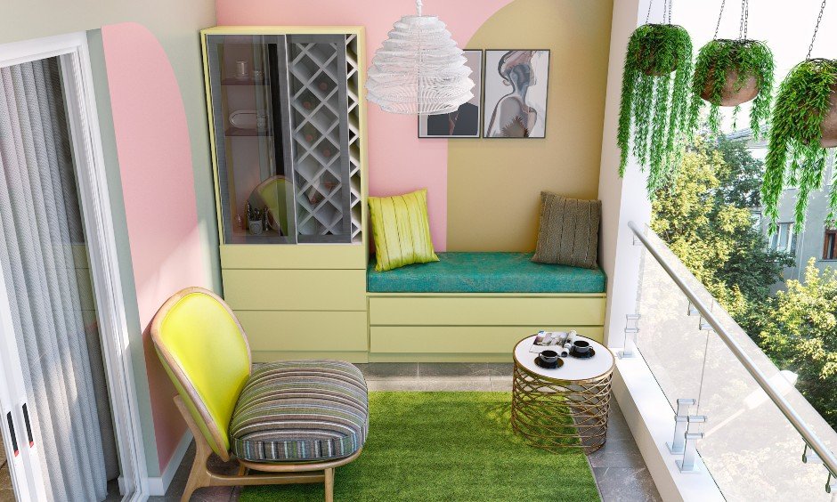 Balcony interior design with low upholstered armless chair pairs well with the round table