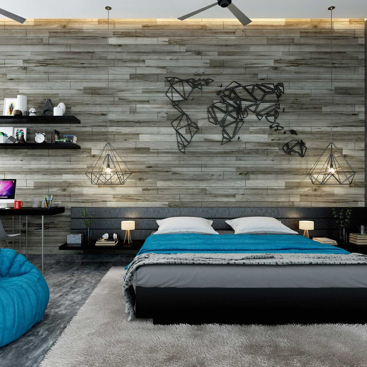 bedroom with a wallpaper for a beautiful backdrop and lightings in this bedroom interior