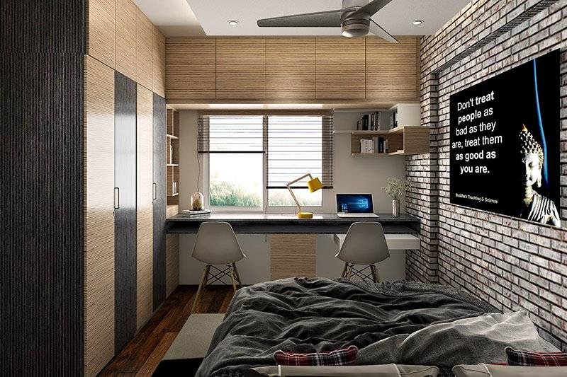 Children's study room ideas where the layout is simple and effective with a double bed facing room with a childrens room study table