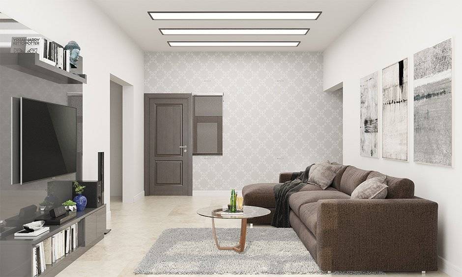 Choose a false ceiling with a light design for a rectangular living room to brighten up the space Choose a false ceiling with a light design for a rectangular living room to brighten up the space