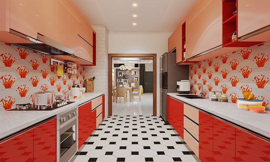 Red modern parallel kitchen design is likely to animate the rest of your abode
