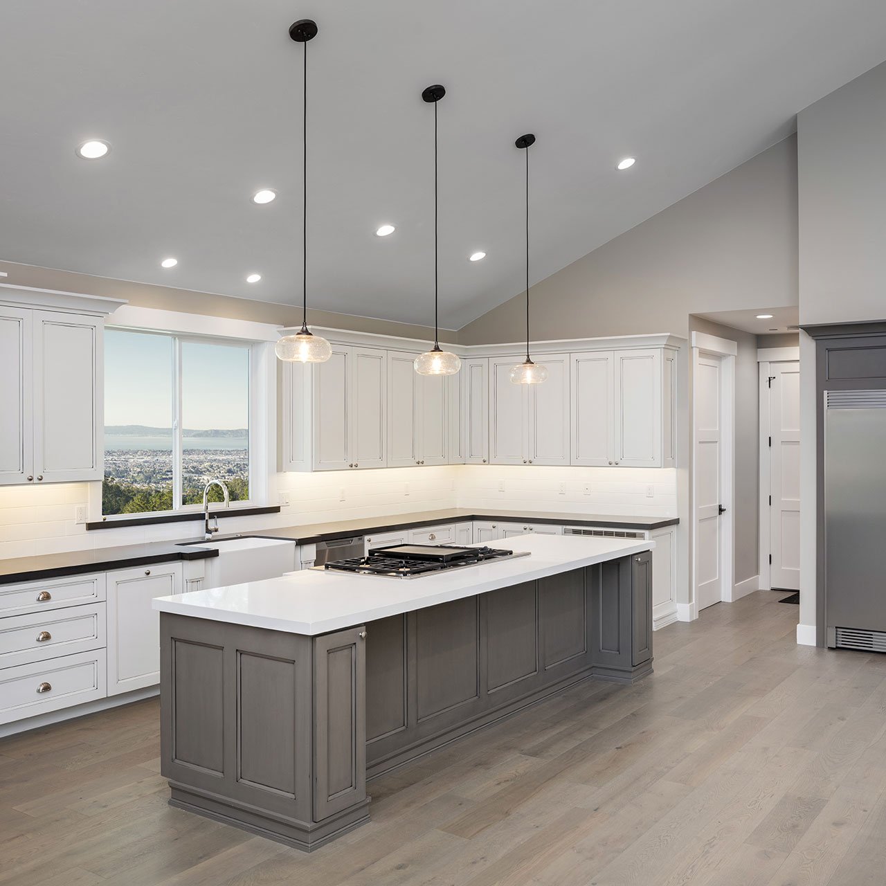  Contemporary modular kitchen design with wooden cabinets and white countertops