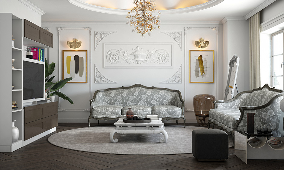 Mumbai living room with gold-accented furniture, statement art pieces, and layered textures for a luxurious feel