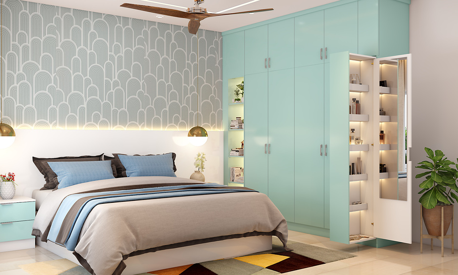 Current interior design trends in Ahmedabad include a bright bedroom with a multi-functional wardrobe and pull-out study