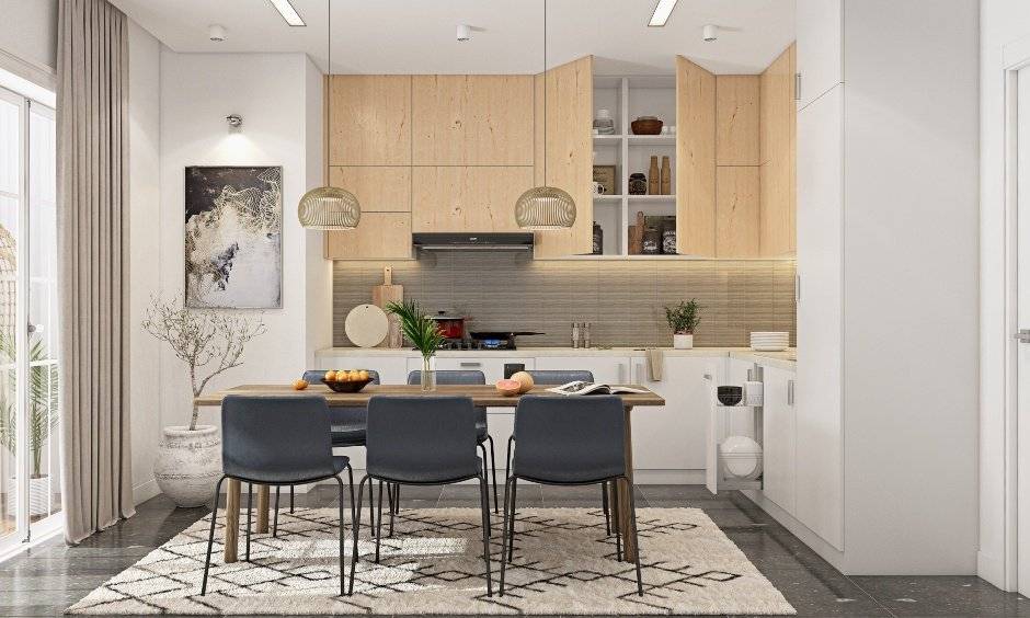 Dining room with a oak wood finish dining table for six with a pair of elegant pendant lights with a gorgeous painting