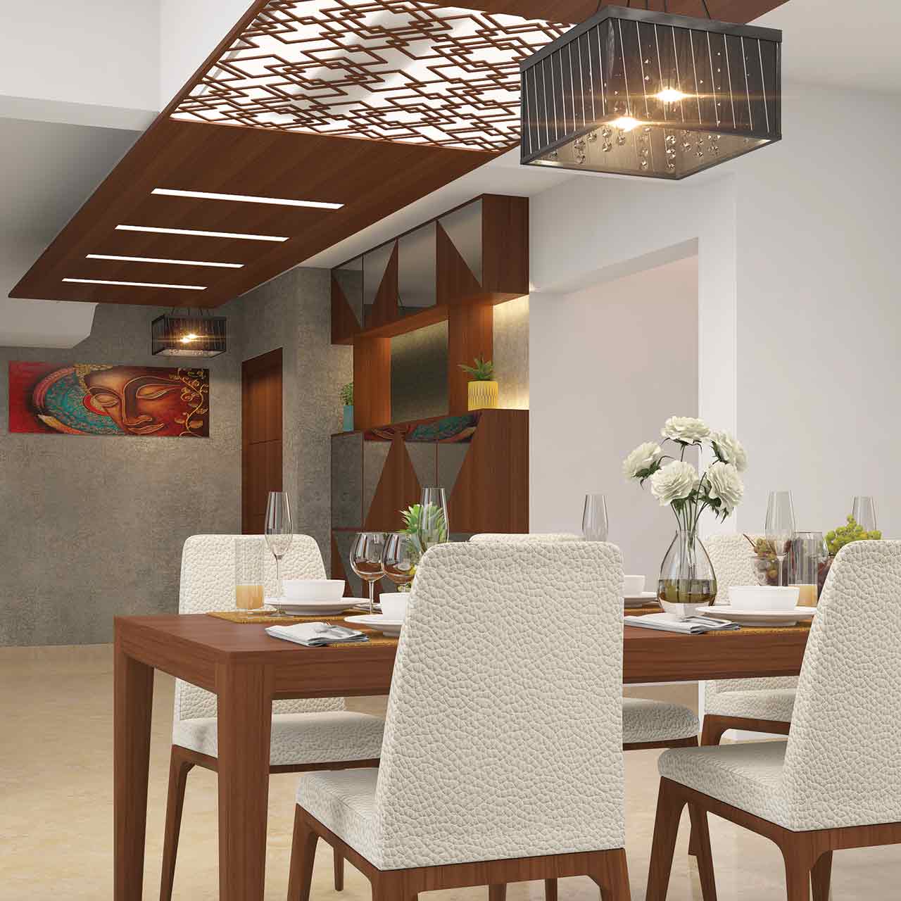 Dining room interior design where you can install a chandelier directly over the table of dining table in living room