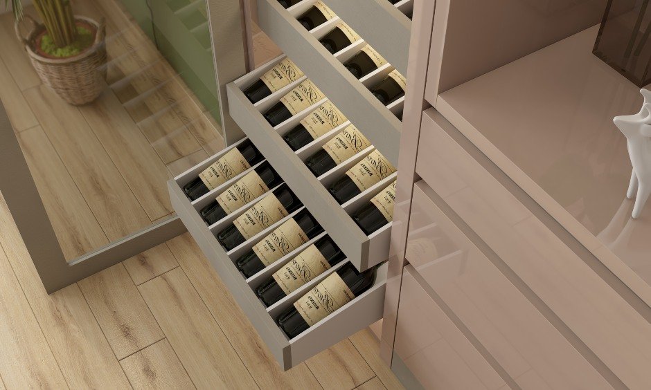 Dining room designs in Modern minimal style with dining room cabinets, storage units, tandem drawers.