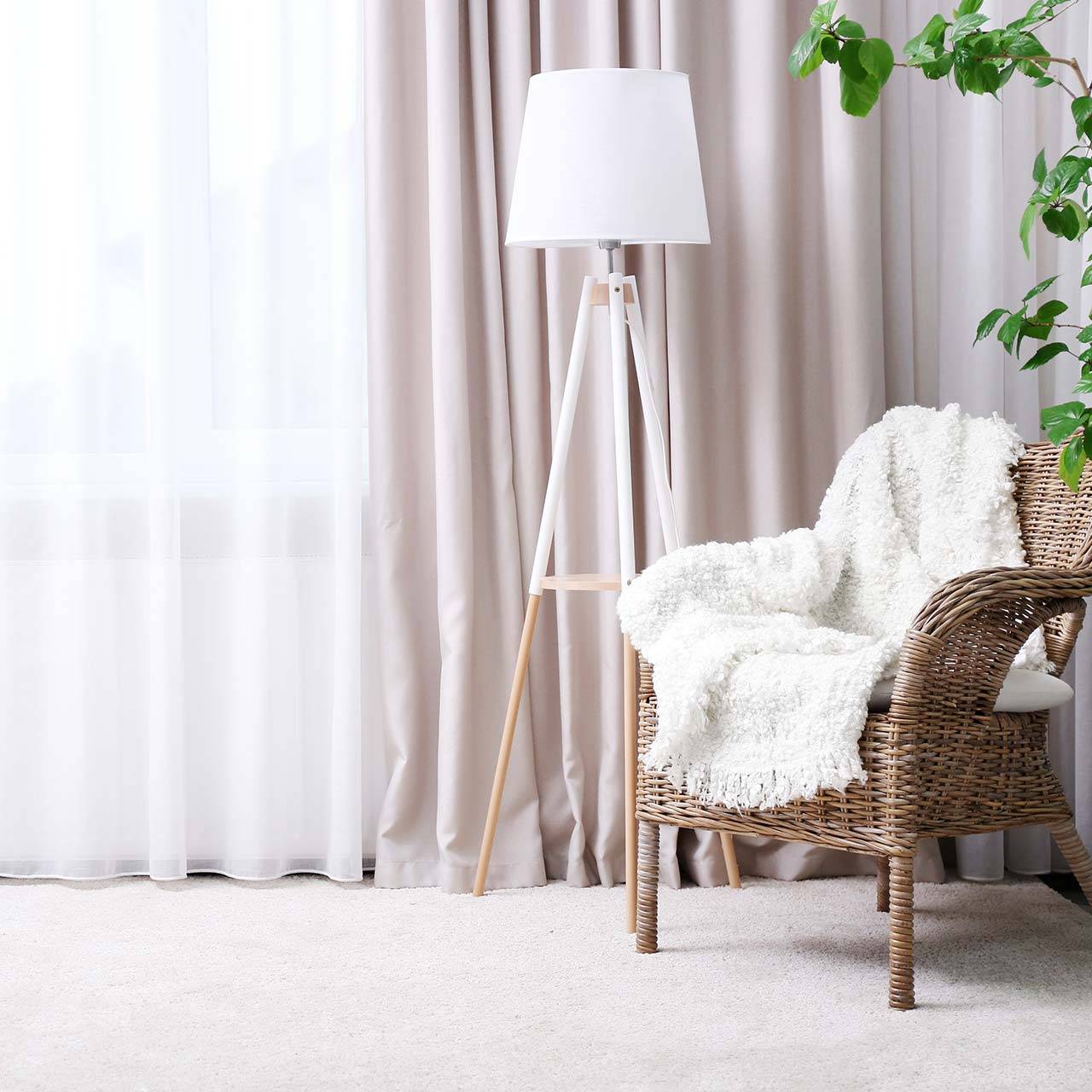 Living room interior which has beautiful patterned drapes