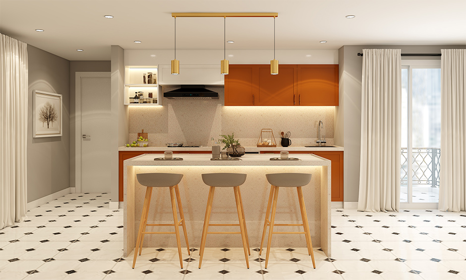 Elegant luxury modern kitchen design with warm lighting, soft-toned cabinets, and stylish tiles