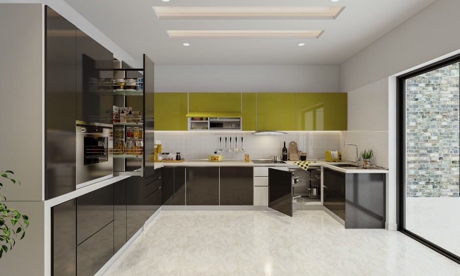 G-shaped modular kitchen design with a magic corner unit creating modern look