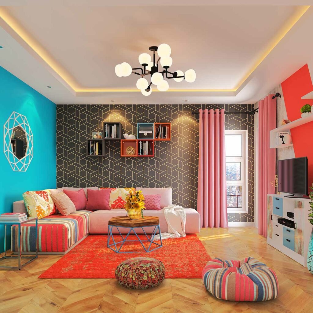 Top Furniture trends of 2019 showcasing Geometric Patterns On Wall and multicoloured striped sofas.