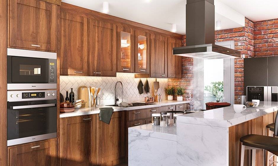 Parallel modular kitchen design with wooden finish, wall-mounted cabinets, and marble countertop