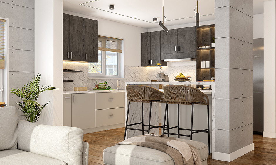 Modern grey laminate kitchen cabinets with clean lines, available in high gloss, matte, or textured finishes