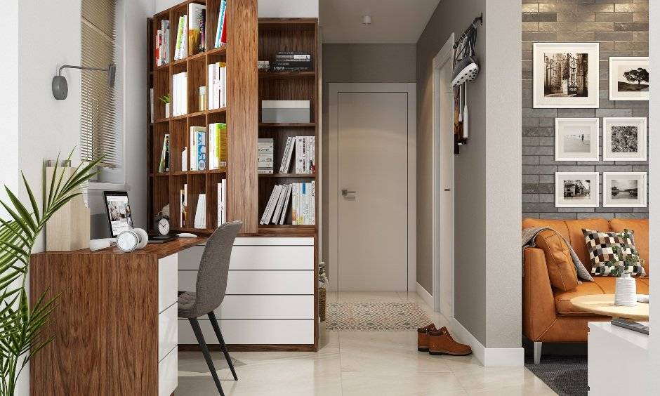 Home office design idea with foldable bookshelf comes with a concealed shelf to store twice the number of books