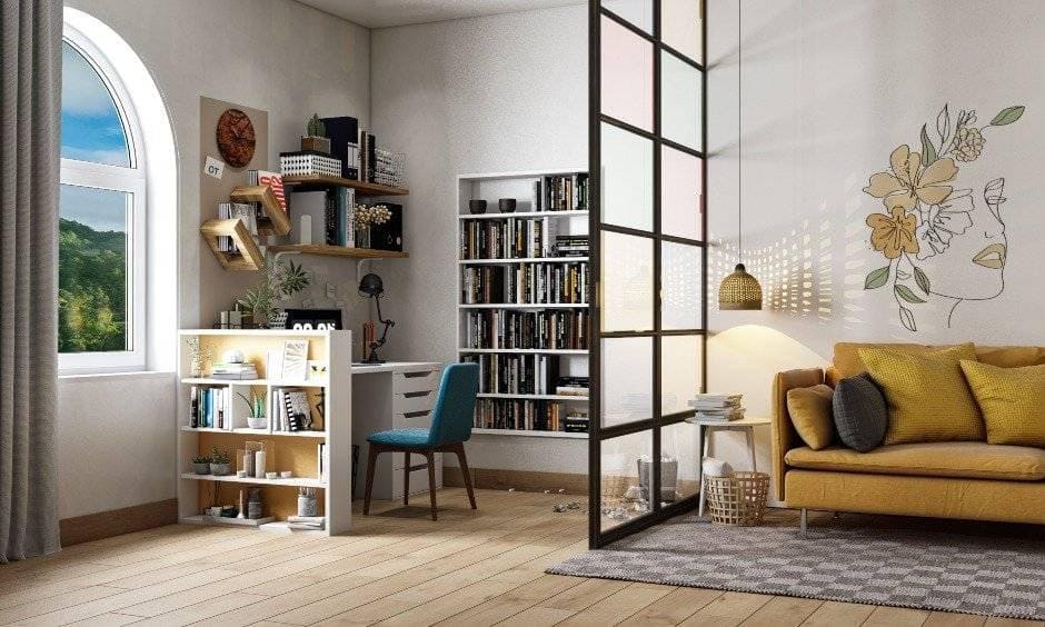 Home office design with a white laminated workstation with multiple drawers for storage