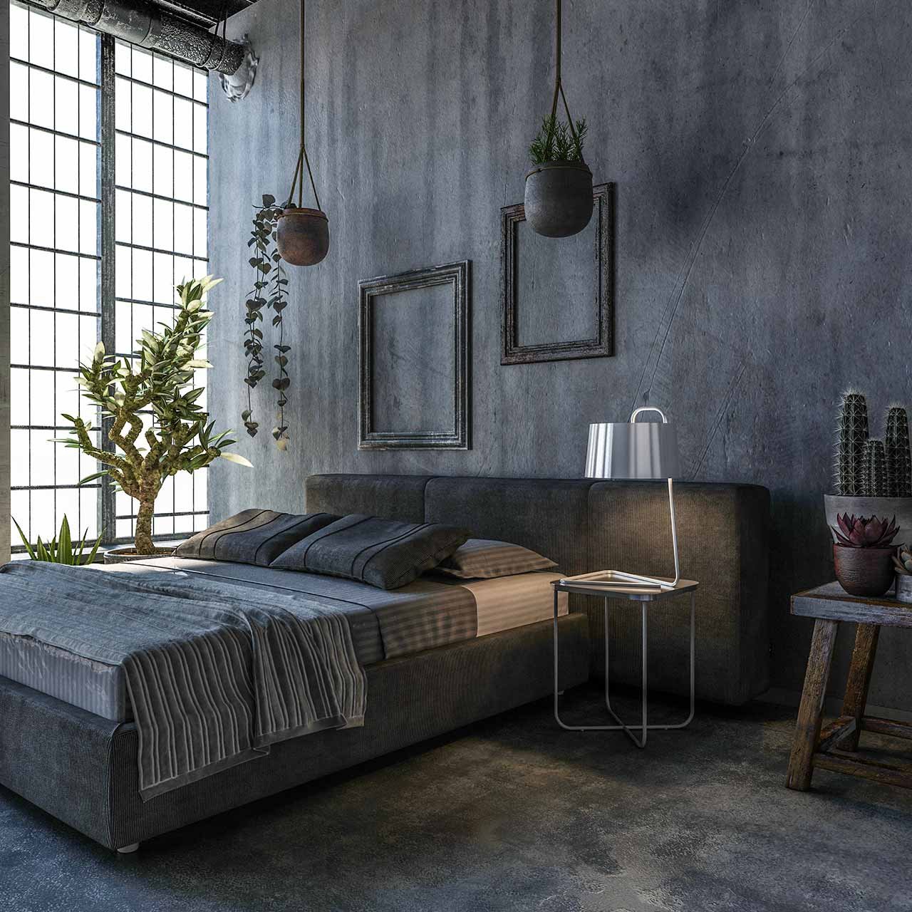 Industrial style bedroom design with environmentally friendly elements