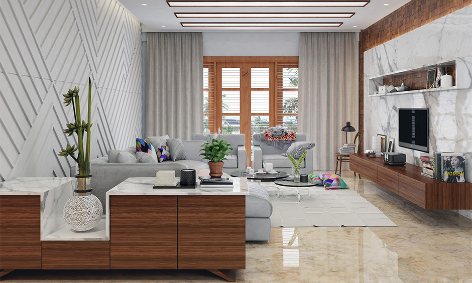 Scandinavian-inspired living room with Italian marble TV unit and wooden accents, paired with a 3D accent wall.