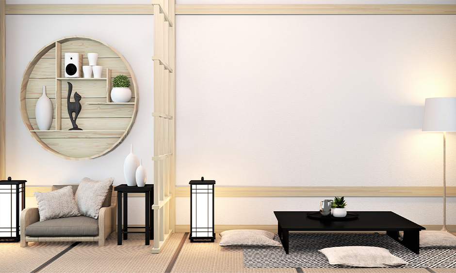 Japanese minimalist interior with neutral tones, natural wood accents, and soft lighting, creating a serene atmosphere