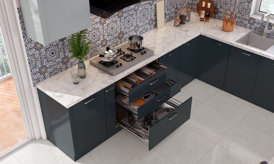 Modern kitchen drawers designed for organized cutlery storage and accessories