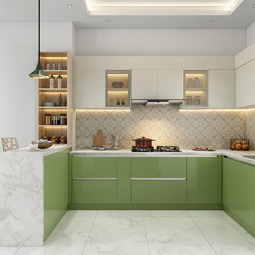 Kitchen interior design in Kolkata with a breakfast counter
