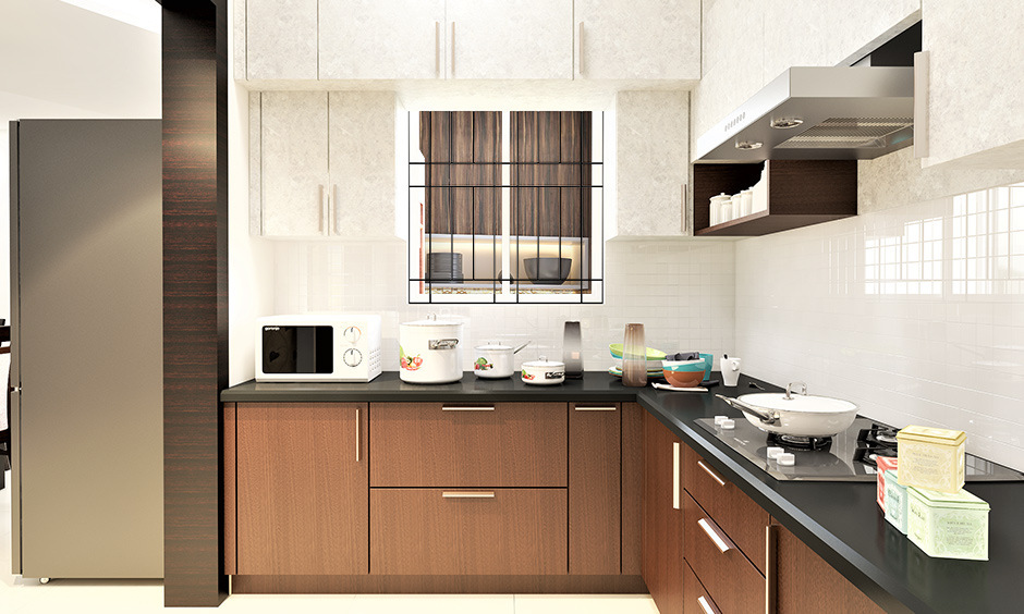 Durable laminate kitchen cabinets in modern L-shape, combining style and strength