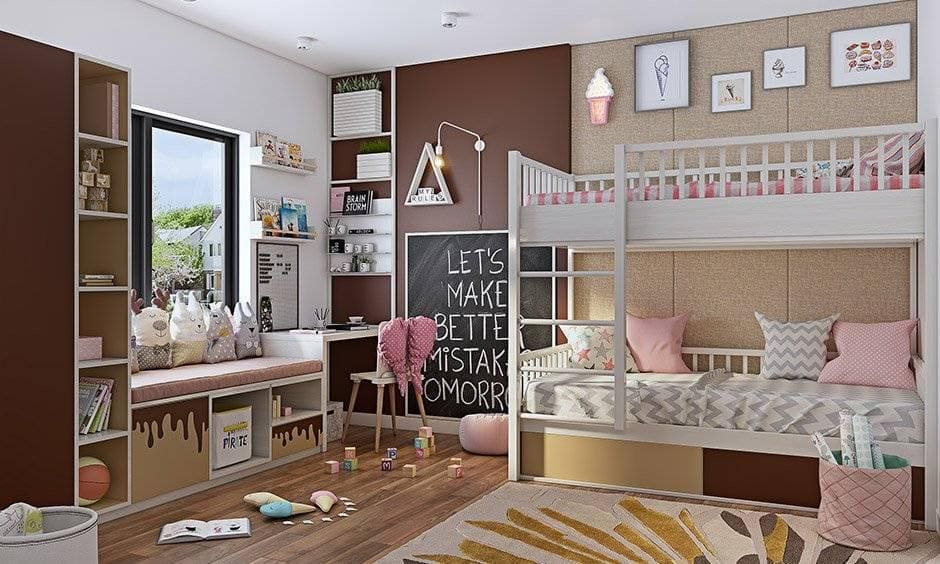 Light pink and chocolate colour combination for children's room is pretty, fun and timeless.