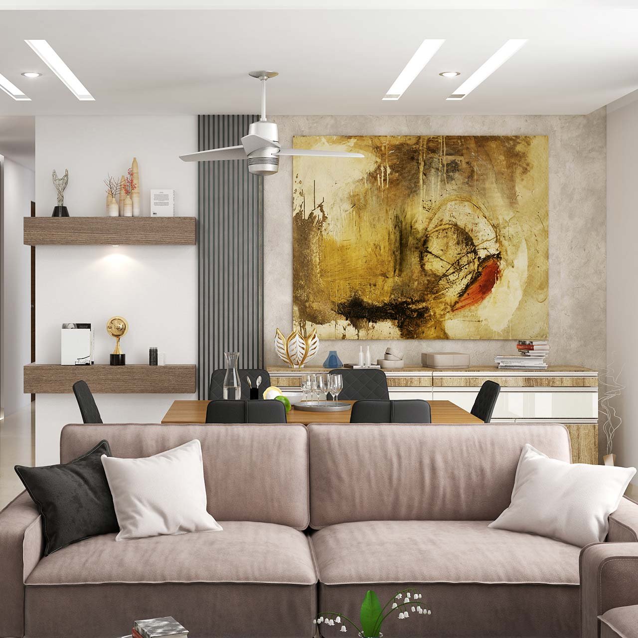 Living room interior in which collage of family pictures are hung on the wall