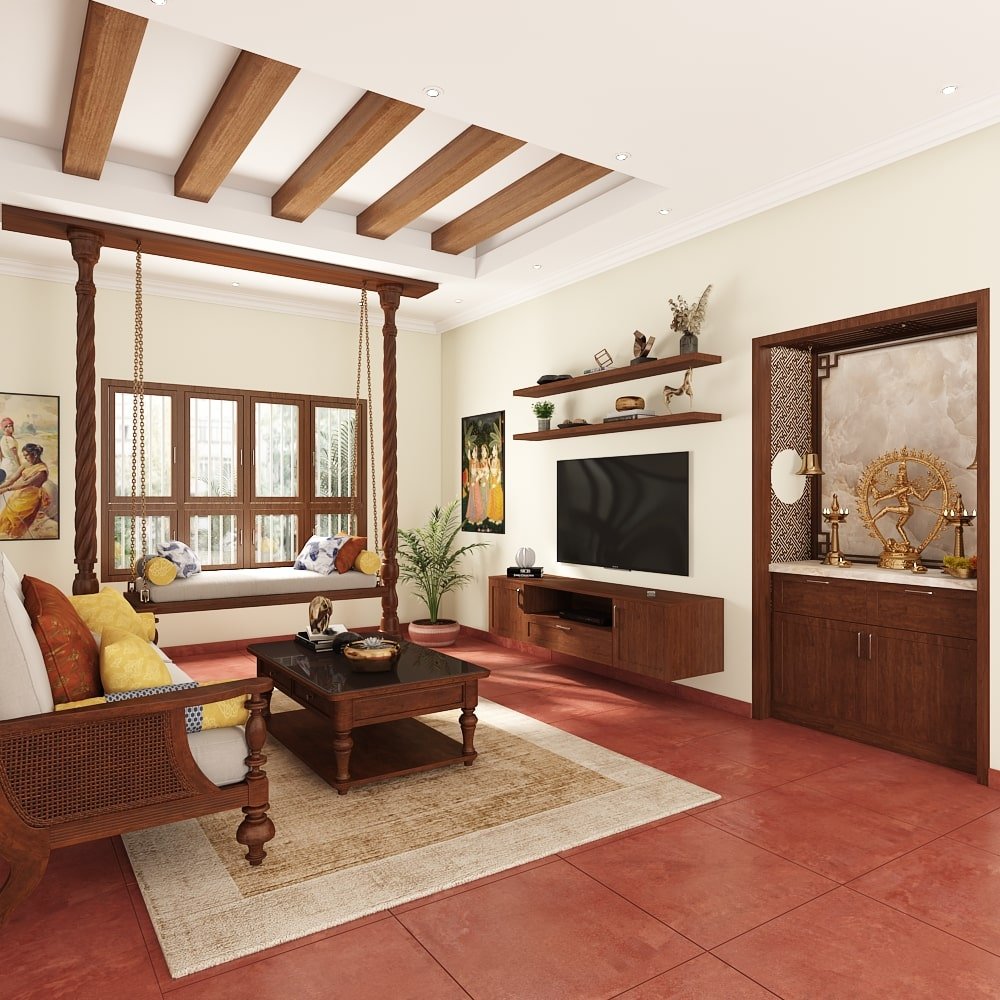 Luxury interior designers in Chennai designed a living room with a pooja unit