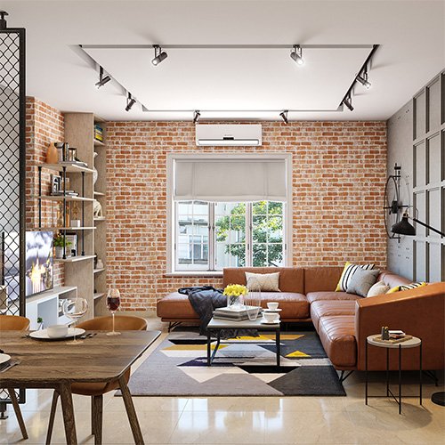 Luxury interior designers in Mumbai designed a living room with a sectional sofa and a TV unit