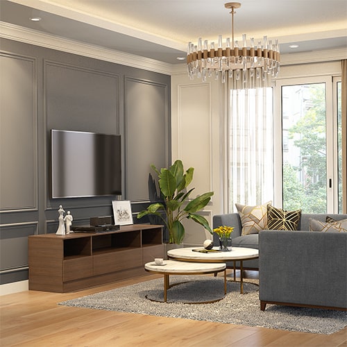 Luxury interior designers in Visakhapatnam designed a living room with low lying tv unit