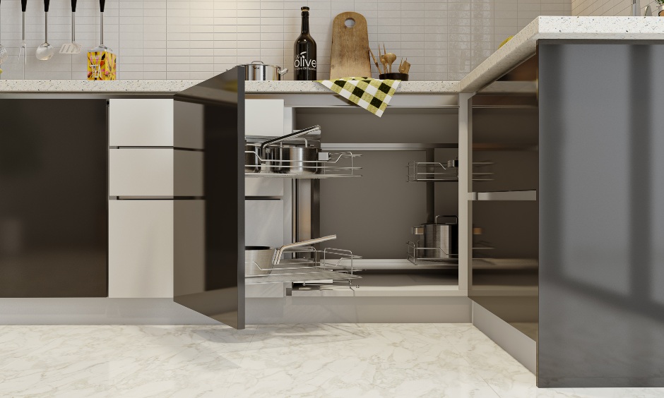 A magic corner storage unit in g-layout kitchen