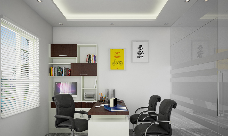 Office space with a rectangular false ceiling, enhancing acoustics, symmetry, and productivity with a clean, balanced design