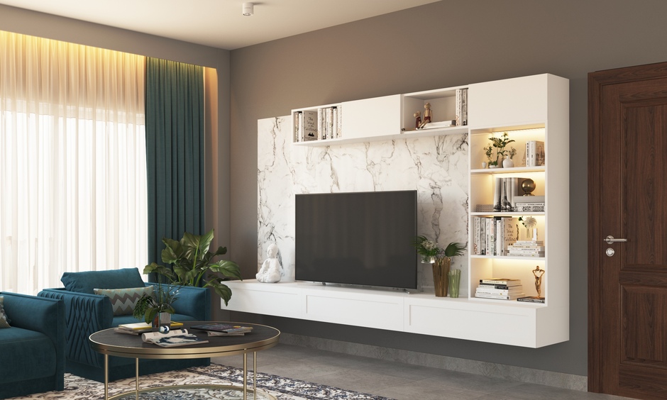 Budget-friendly white marble laminate TV unit with handleless drawers, offering luxury and durability.
