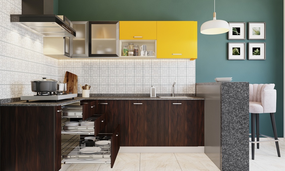 Mini kitchen with smart pull-out pantry drawers, vibrant yellow cabinets, and modern glass shutters