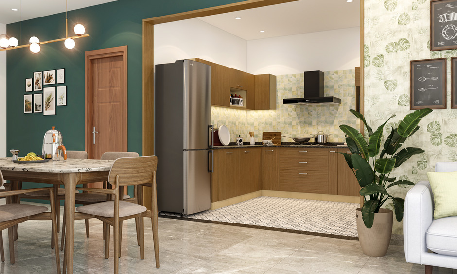 Mini modular kitchen design offering efficient use of space, custom storage, and a cozy dining area