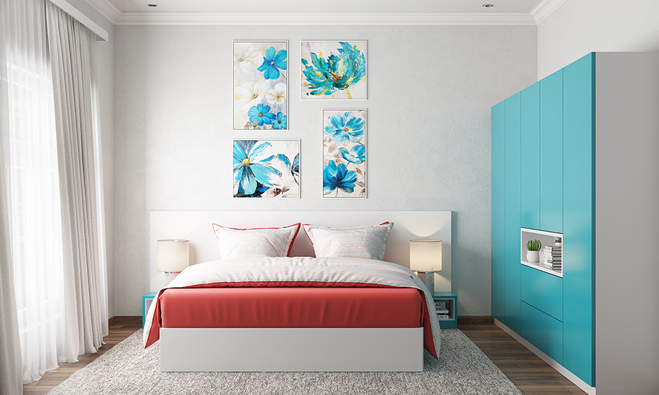 Minimalist interior design bedroom in white and blue, with zero clutter and a calming atmosphere for a peaceful retreat