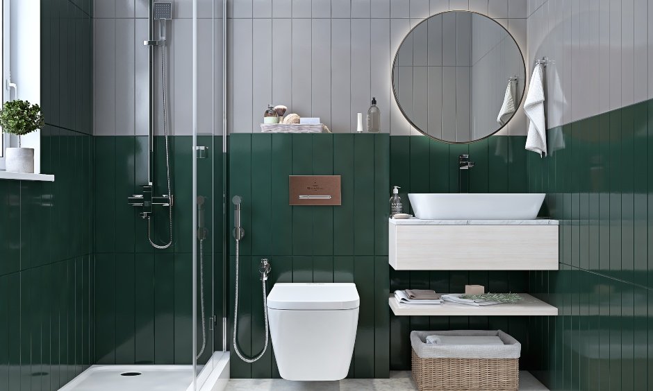 Modern 2bhk home bathroom design in blue and white colour is the interior design of 2bhk