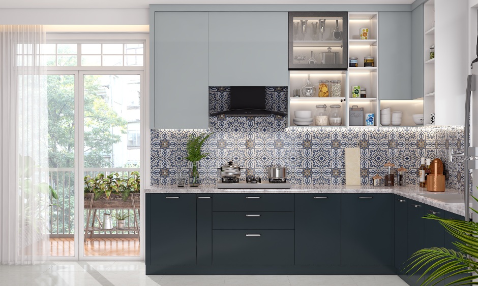 Modern kitchen design with white countertop and balcony