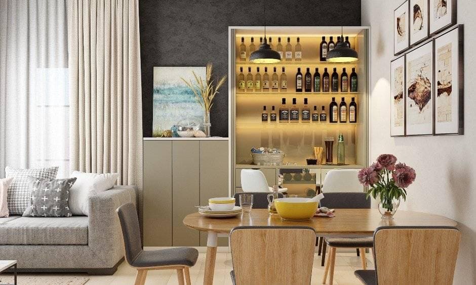 Dining room design in Modern minimal style with wooden dining tables 6 seater, cabinets, wine rack, chairs.