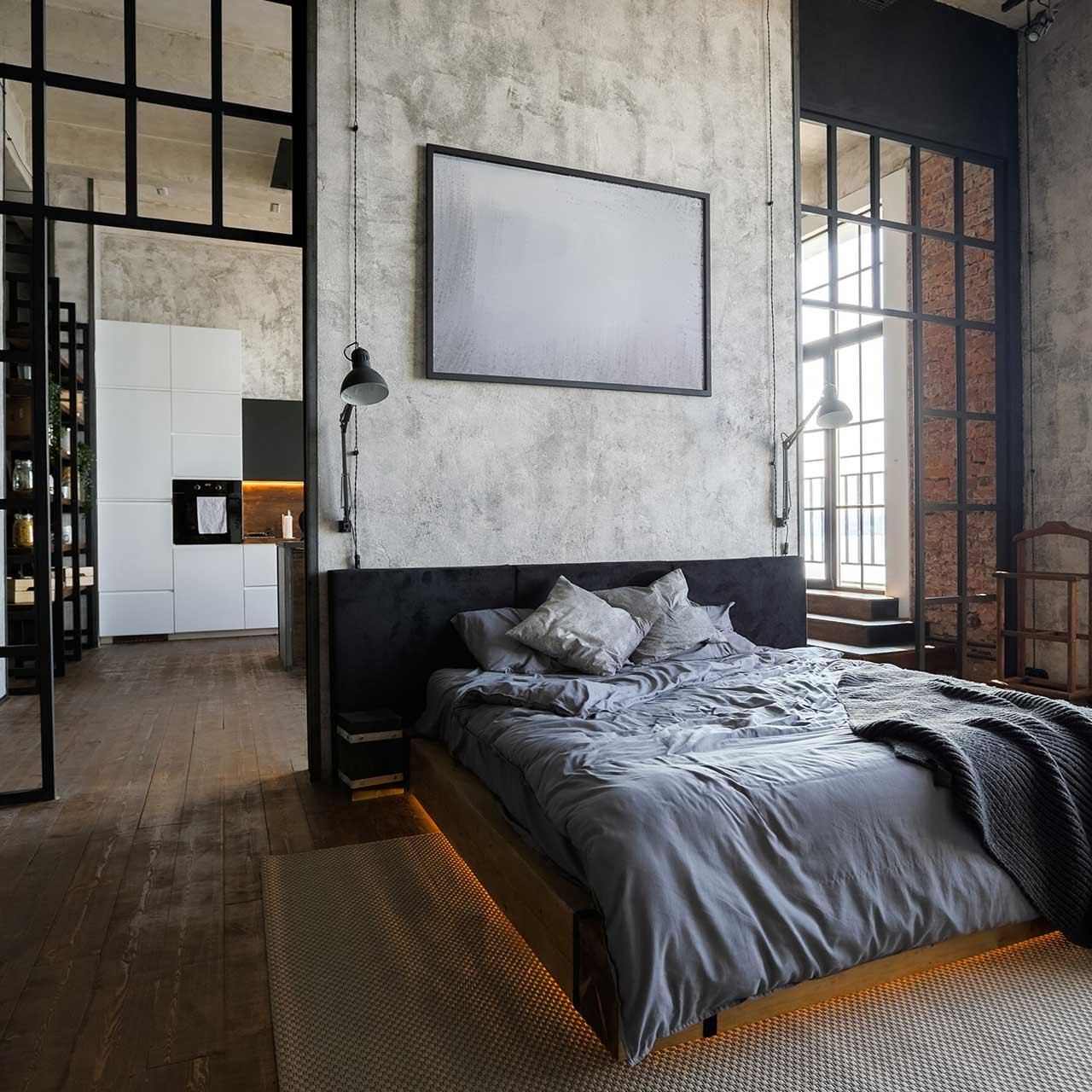modern style window pane with metal frames for industrial style bedroom design