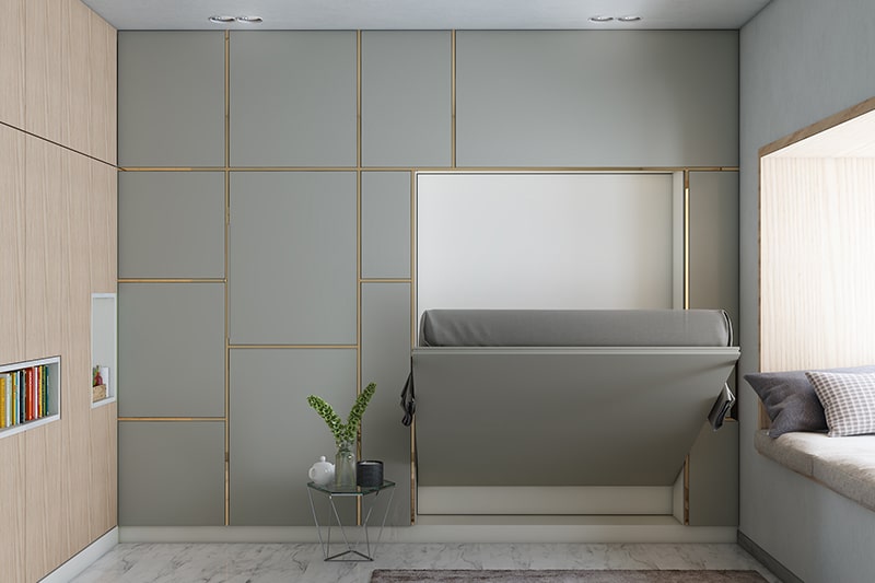 Modular wardrobe with a sleek foldable bed discreetly hidden away in the wardrobe for small bedroom